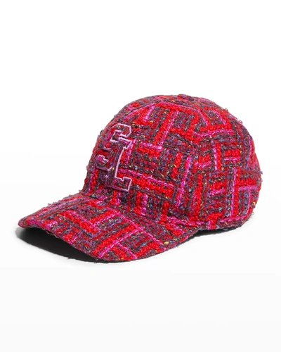 Shop Saint Laurent Sl Logo Multicolor Tweed Baseball Cap In Red/purple