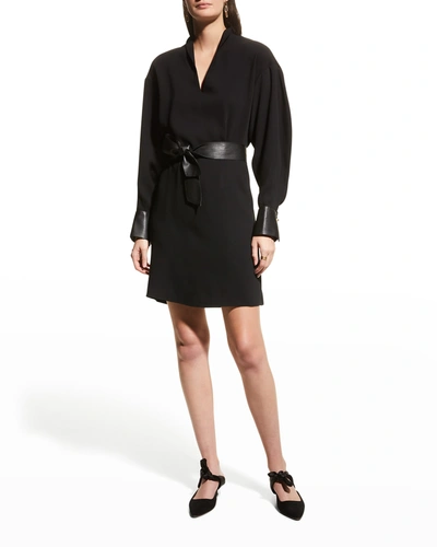 Shop Vince Long-sleeve Belted Slit-neck Dress In Black