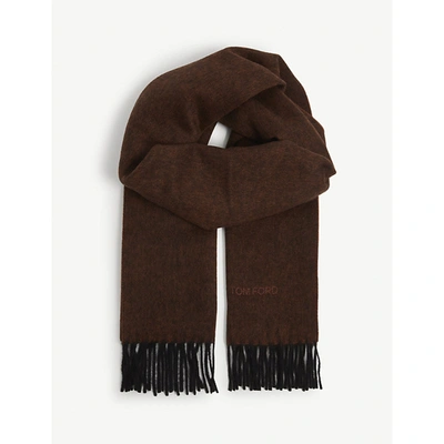 Shop Tom Ford Mens Brown Logo-embroidered Cashmere Scarf