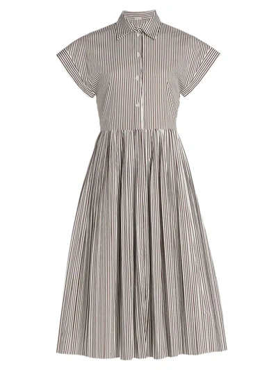 Shop Adam Lippes Pleated Striped Shirtdress In Chocolate White