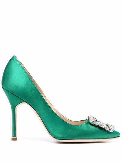 Shop Manolo Blahnik Hangisi Crystal-buckle Satin Pumps In Green