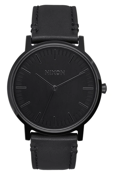 Shop Nixon Porter Round Leather Strap Watch, 40mm In Black