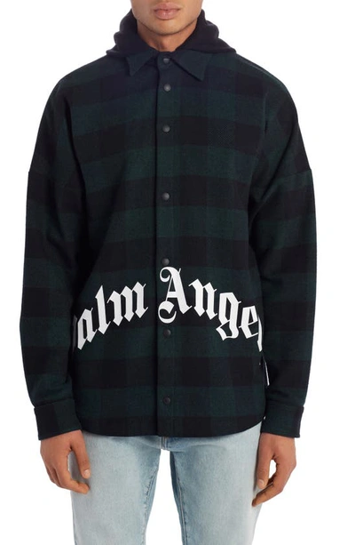 Shop Palm Angels Buffalo Check Logo Hooded Overshirt In Forest Green Whit