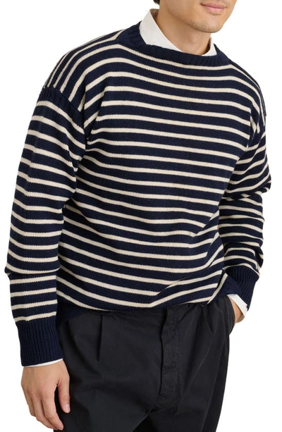 Shop Alex Mill Geurnsey Stripe Merino Wool Crewneck Sweater In Navy/ Ivory