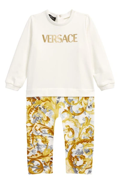 Shop Versace Barocco Logo Bodysuit In White Gold