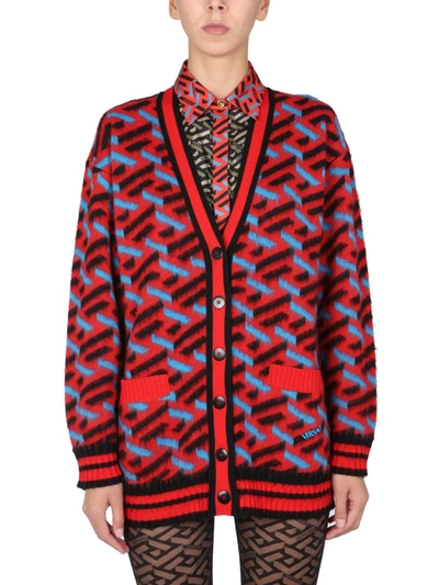 Shop Versace Cardigan With Greek Print In Multicolour
