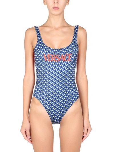 Shop Versace One Piece Swimsuit With Greek Print In Multicolour