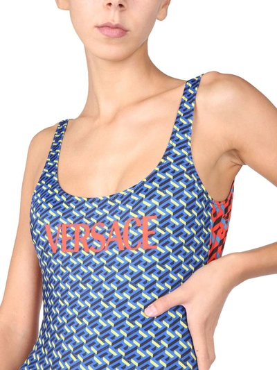 Shop Versace One Piece Swimsuit With Greek Print In Multicolour