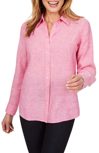 Shop Foxcroft Jordan Non-iron Linen Chambray Shirt In Cabana Pink