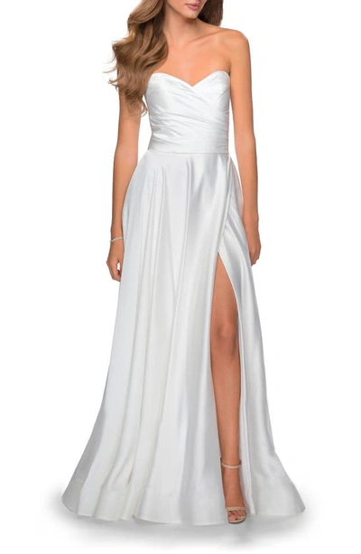 Shop La Femme Strapless Slit Satin Ballgown In White