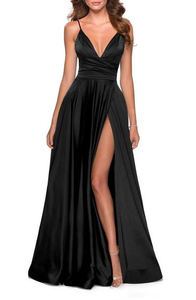 Shop La Femme Strappy Back Satin Ballgown In Black