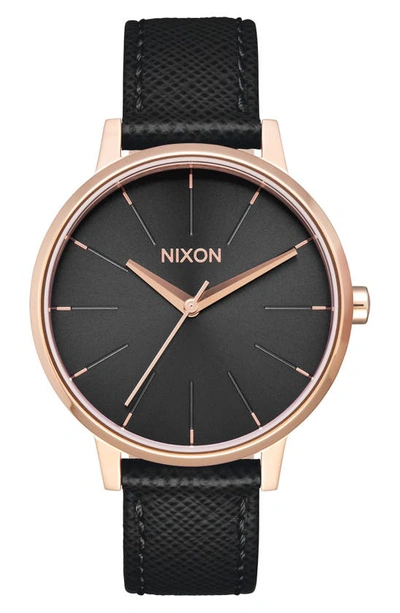 Shop Nixon 'the Kensington' Leather Strap Watch, 37mm In Black/ Rose Gold