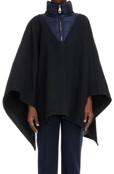 Shop Chloé Blanket Poncho With Down Puffer Inset In Iconic Navy 48a