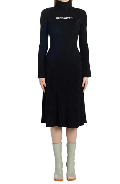 Shop Off-white Logo Intarsia Rib Long Sleeve Midi Sweater Dress In Black White