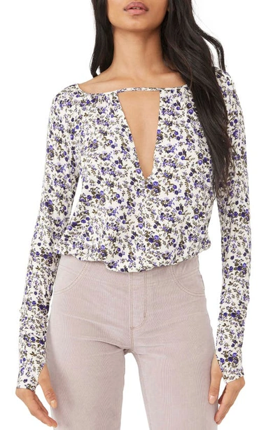 Free People Kaya Print Cutout Bodysuit In Ivory Combo