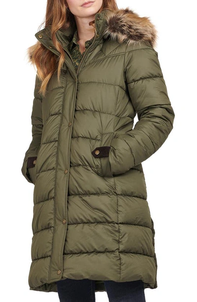 Shop Barbour Rustington Hooded Puffer Coat With Removable Faux Fur Trim In Olive/ Classic