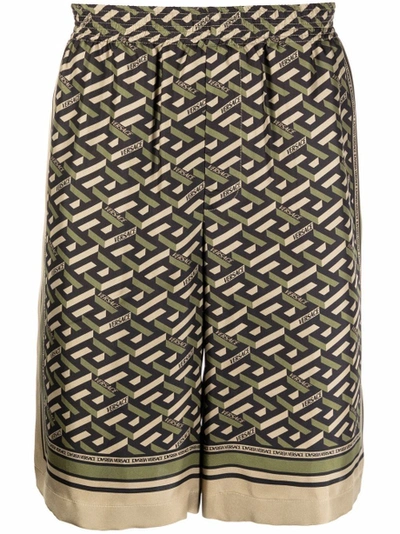 Shop Versace Silk Monogram Foulard Print Shorts Black And Military Green