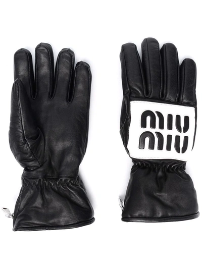 Shop Miu Miu Logo-letter Leather Gloves In Black