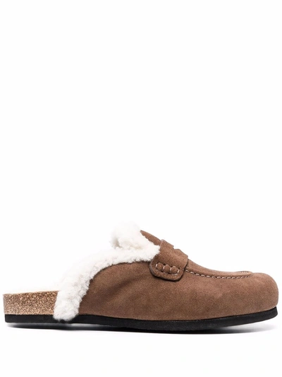 Shop Jw Anderson Shearling-trim Slip-on Loafers In Brown