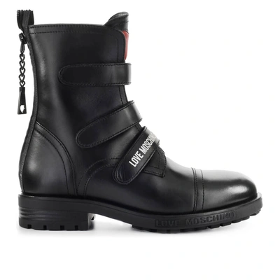 Shop Love Moschino Black Combat Boot With Straps