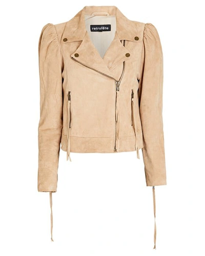 Shop Retroféte Lo Puff Sleeve Suede Biker Jacket In Beige