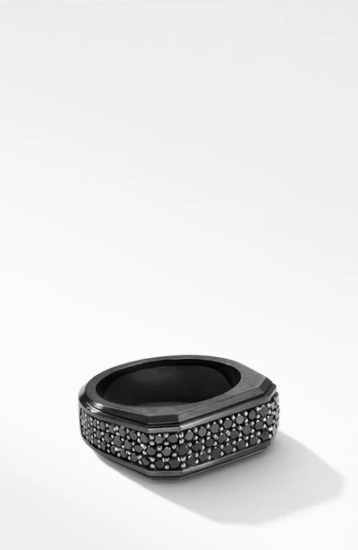 Shop David Yurman Roman Signet Black Titanium Ring With Black Diamonds In Black Titanium/ Black Diamond