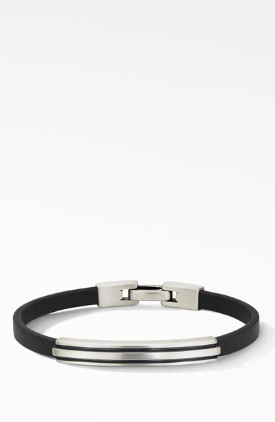 Shop David Yurman Deco Black Leather Id Bracelet In Silver