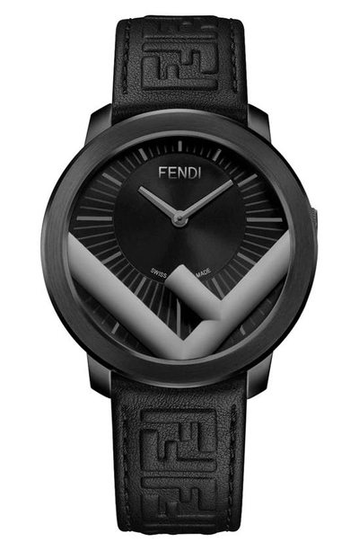 Shop Fendi Run Away Leather Strap Watch, 41mm In Black-1