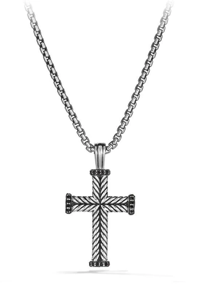 Shop David Yurman Chevron Cross Pendant With Black Diamonds In Silver/ Black