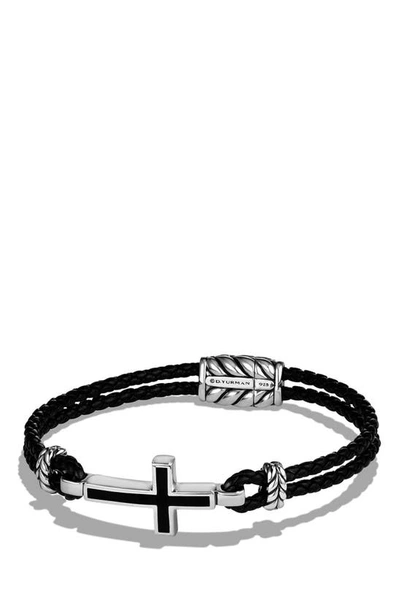 Shop David Yurman 'exotic Stone' Cross Station Leather Bracelet With Black Onyx In Silver/ Black Onyx