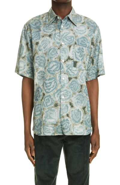 Shop Acne Studios Sale Carnation Print Short Sleeve Twill Button-up Shirt In Pale Green