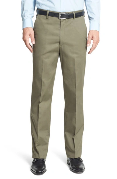 Shop Berle Flat Front Classic Fit Cotton Dress Pants In Olive