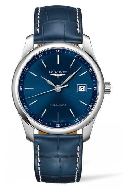 Shop Longines Master Automatic Alligator Leather Strap Watch, 40mm In Blue/ Silver