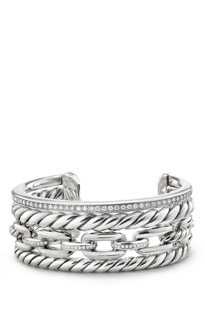 Shop David Yurman Wellesley Link Cuff With Diamonds, 27mm In Silver