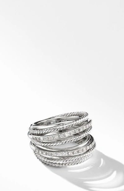 David Yurman Sterling Silver Crossover Wide Ring With Diamonds, 7 In Silver/ Diamond