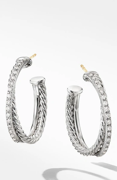 Shop David Yurman Crossover Medium Hoop Earrings With Diamonds In Silver/ Diamond
