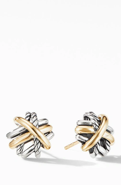 Shop David Yurman Crossover Stud Earrings With 18k Yellow Gold In Silver/ Gold