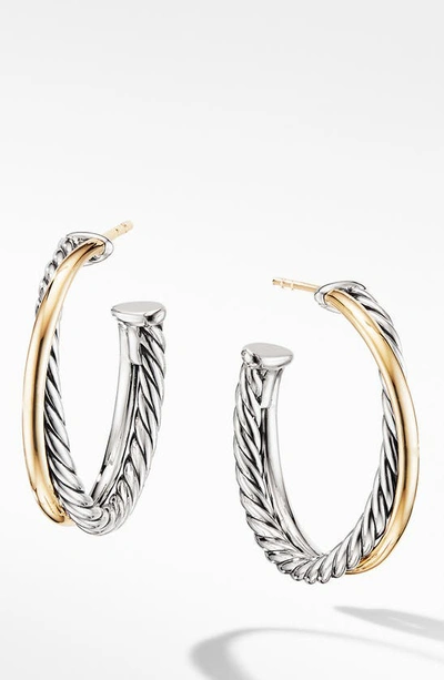 Shop David Yurman Crossover Medium Hoop Earrings With 18k Yellow Gold In Silver/ Gold