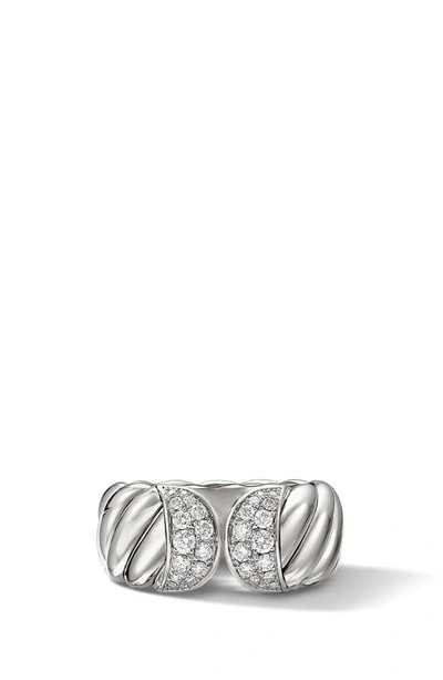 Shop David Yurman Sculpted Cable Ring With Pavé Diamonds In Diamond/ Silver