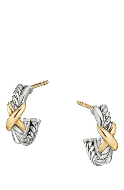 Shop David Yurman Petite X Mini Hoop Earrings With 18k Yellow Gold In Diamond/silver/ Gold