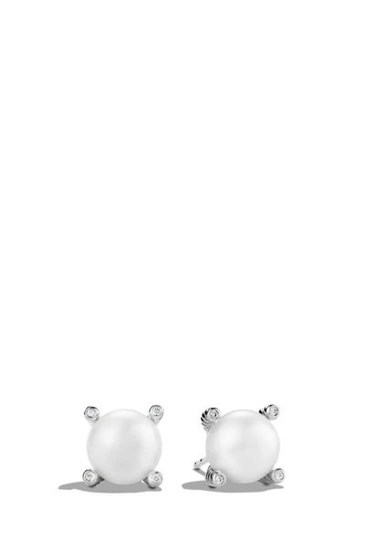Shop David Yurman Pearl & Diamond Stud Earrings In Silver Pearl