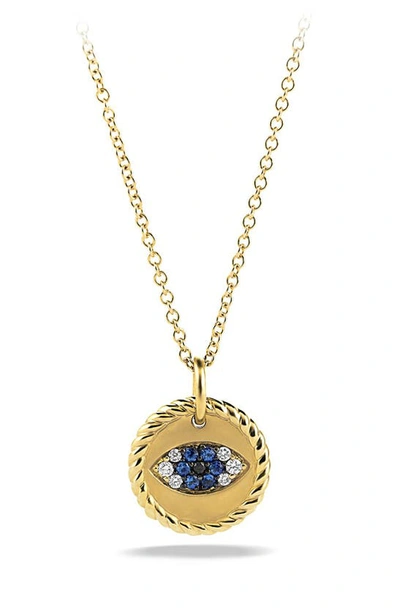 Shop David Yurman Cable Collectibles Evil Eye Charm Necklace With Blue Sapphire, Black Diamonds And Diamonds In Blue Sapphire/ Diamond