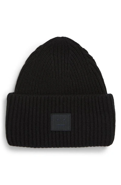 Shop Acne Studios Pansy Face Patch Rib Wool Beanie In Black