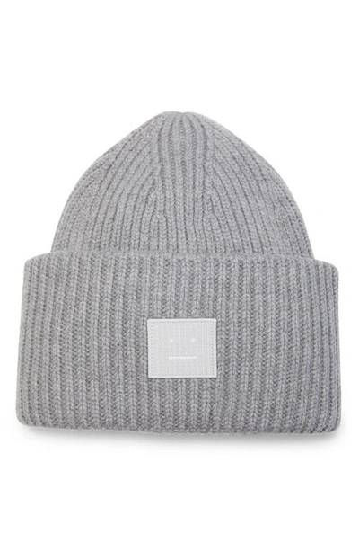 Shop Acne Studios Pansy Face Patch Rib Wool Beanie In Grey Melange