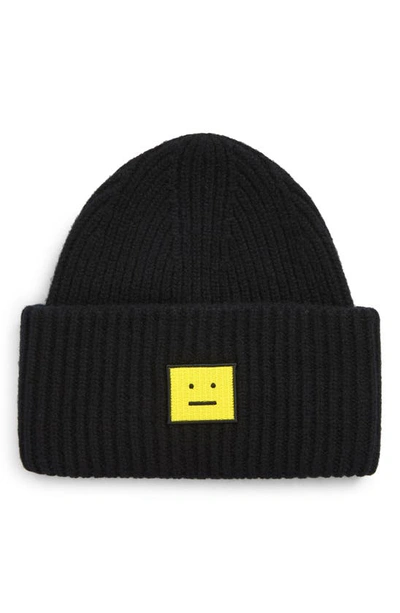 Shop Acne Studios Pansy Face Patch Rib Wool Beanie In Black/ Yellow