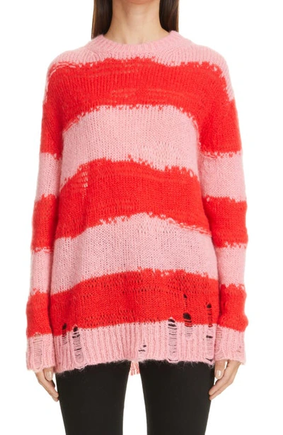 Shop Acne Studios Kalia Block Stripe Distressed Sweater In Pink/ Red