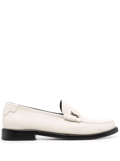 Shop Saint Laurent Monogram Plaque Loafers In Nude