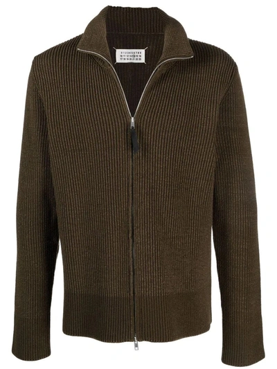 Shop Maison Margiela Brown Ribbed Cardigan With Full Zip And Funnel Neck