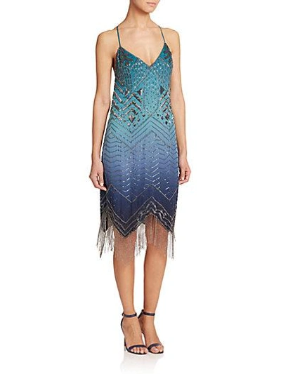 Shop Haute Hippie Beaded Fringe Silk Dress In Aqua-multi