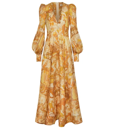 Shop Zimmermann Tempo Printed Silk And Linen Gown In Honey Collage